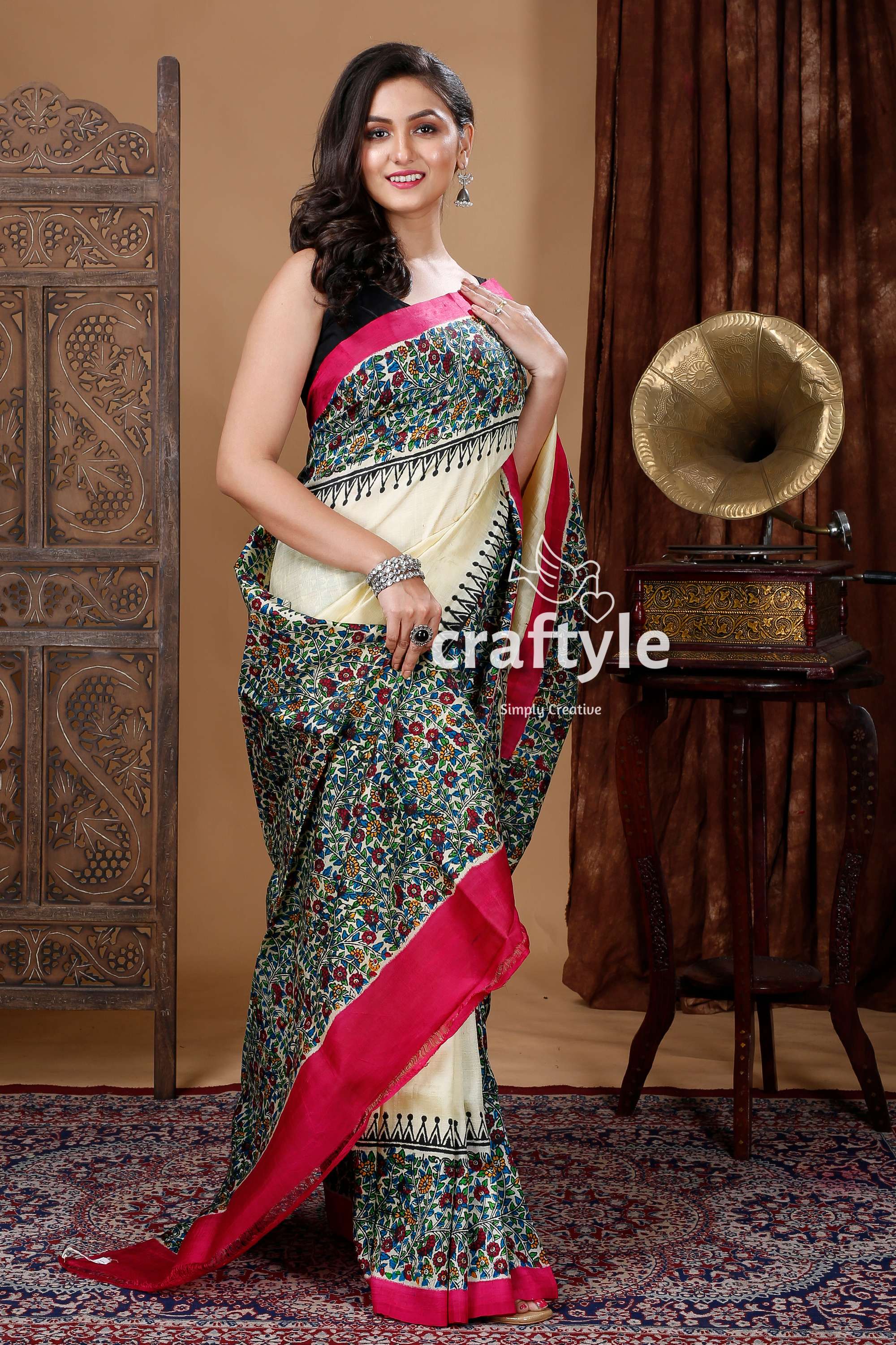 Multicolor Floral Motif Hand Block Mulberry Pure Silk Saree - Craftyle