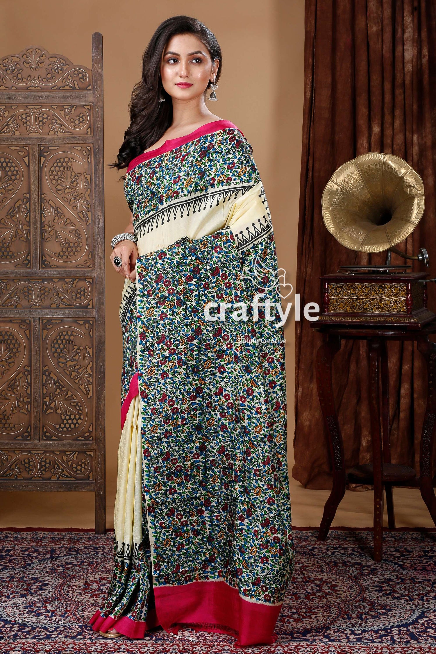 Multicolor Floral Motif Hand Block Mulberry Pure Silk Saree - Craftyle