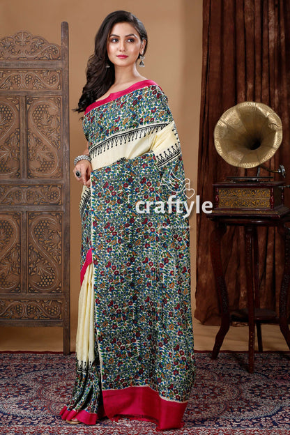 Multicolor Floral Motif Hand Block Mulberry Pure Silk Saree - Craftyle