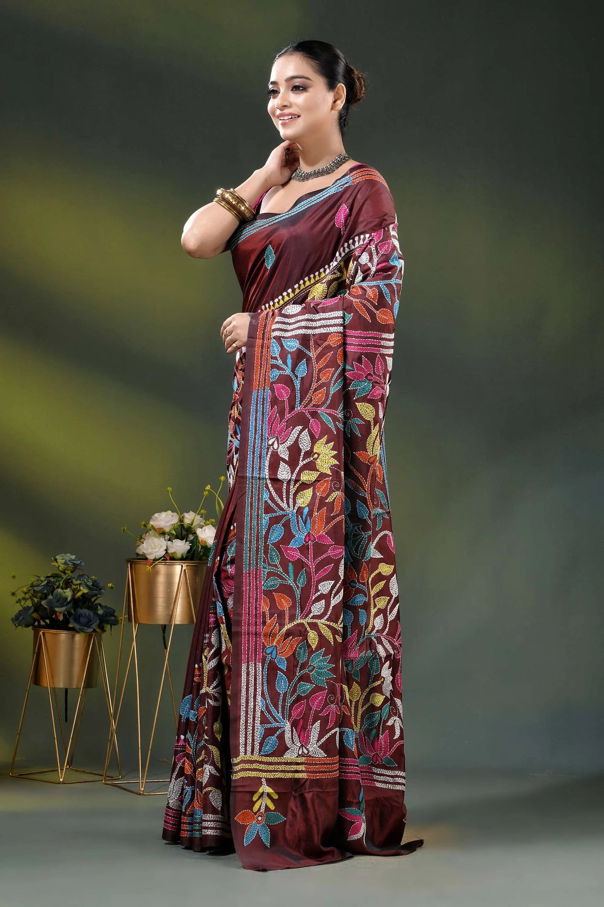 Multicolor floral vine motif design handcrafted silk kantha saree in wine 3