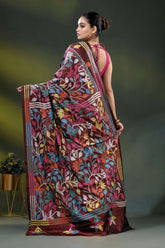 Multicolor floral vine motif design handcrafted silk kantha saree in wine 5
