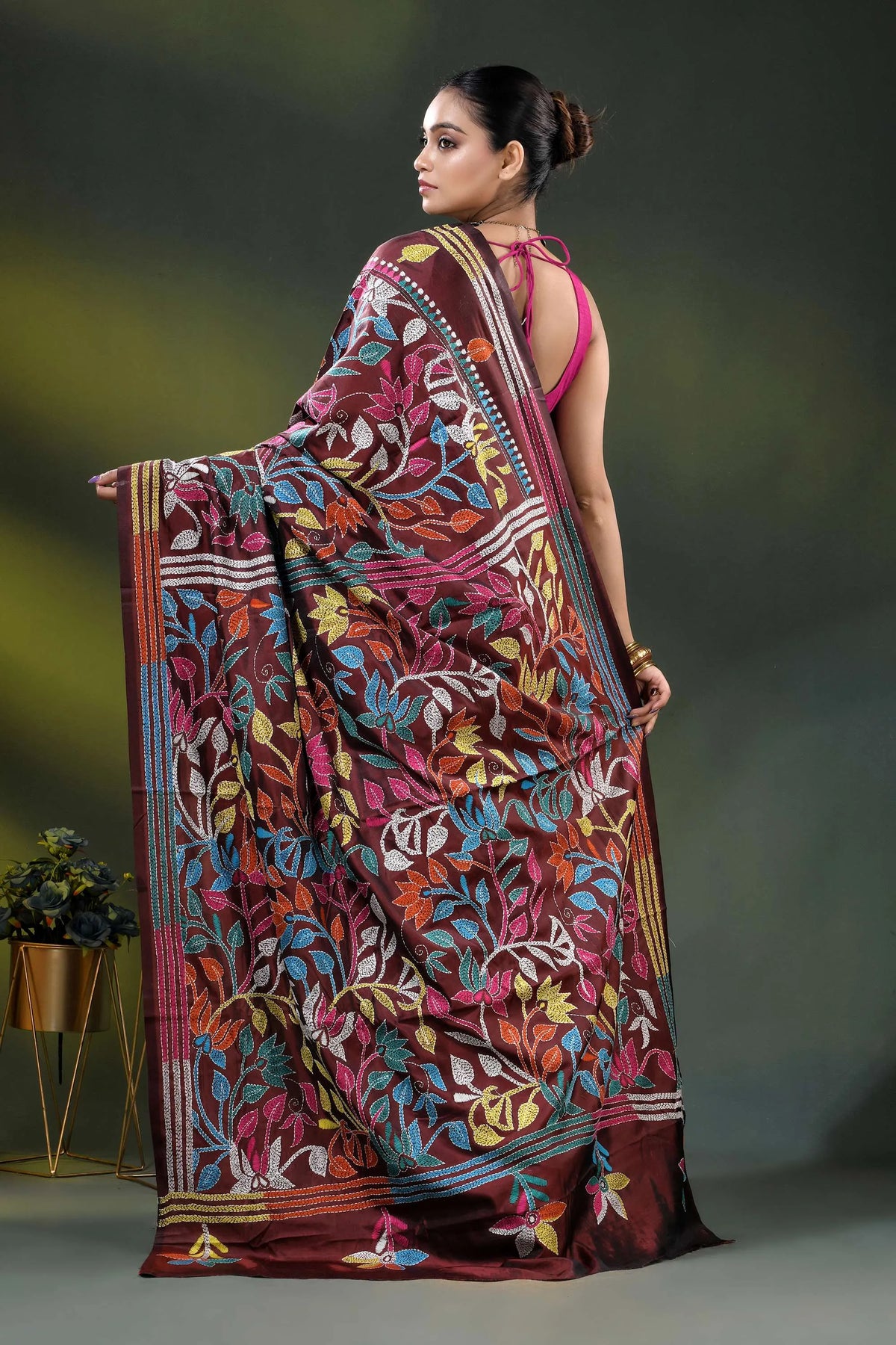 Multicolor floral vine motif design handcrafted silk kantha saree in wine 5