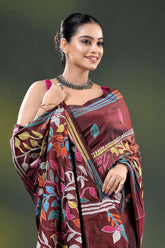 Multicolor floral vine motif design handcrafted silk kantha saree in wine 2