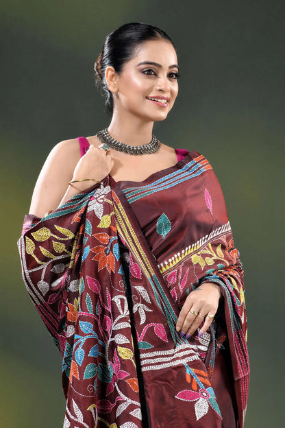 Multicolor floral vine motif design handcrafted silk kantha saree in wine 2