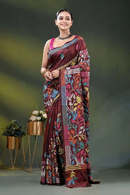 Multicolor floral vine motif design handcrafted silk kantha saree in wine 6