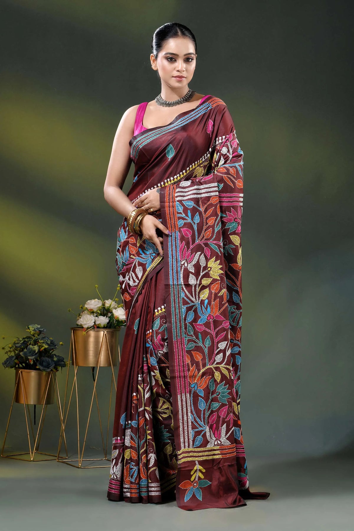 Multicolor floral vine motif design handcrafted silk kantha saree in wine 1