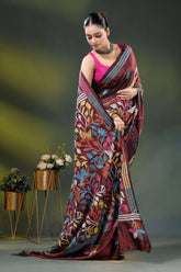 Multicolor floral vine motif design handcrafted silk kantha saree in wine 4