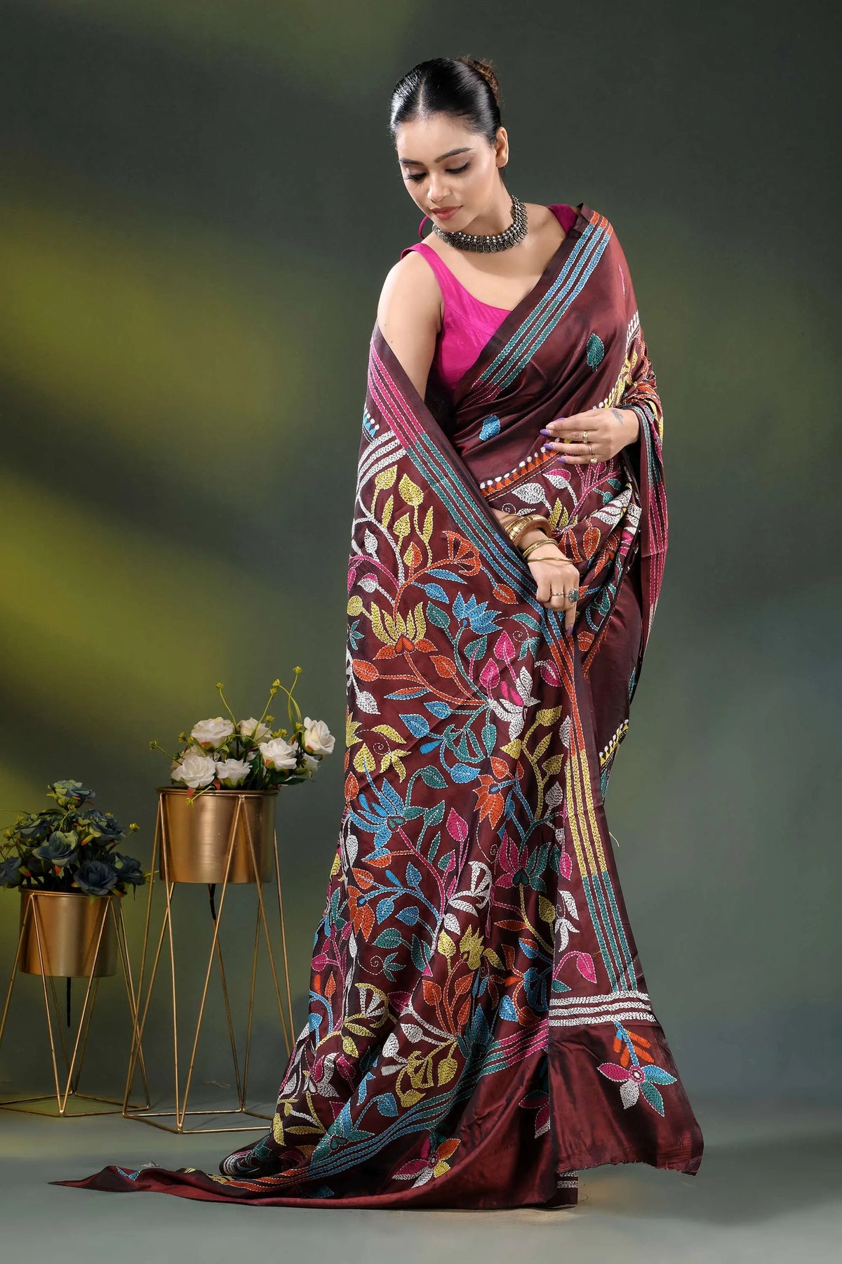 Multicolor floral vine motif design handcrafted silk kantha saree in wine 4