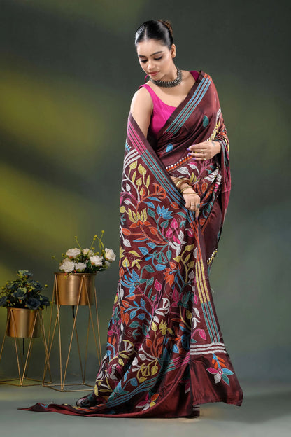 Multicolor floral vine motif design handcrafted silk kantha saree in wine 4
