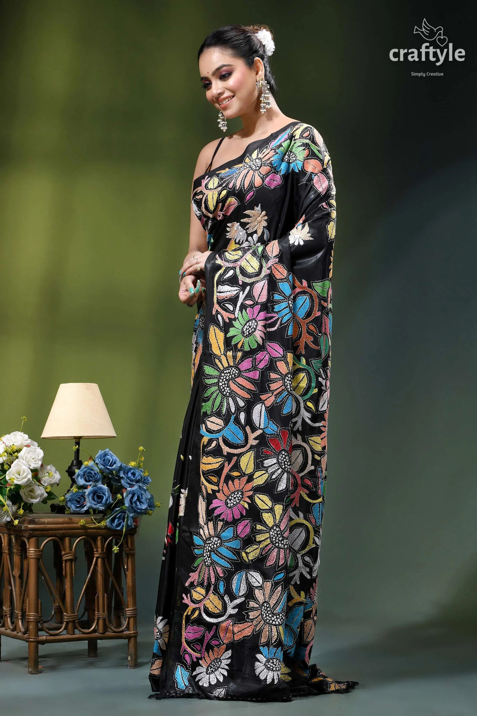 Multicolor flower motif designer kantha stitched silk saree in black black saree adorned vibrant multicolored 3