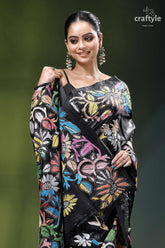Multicolor flower motif designer kantha stitched silk saree in black black saree vibrant multicolored floral 2