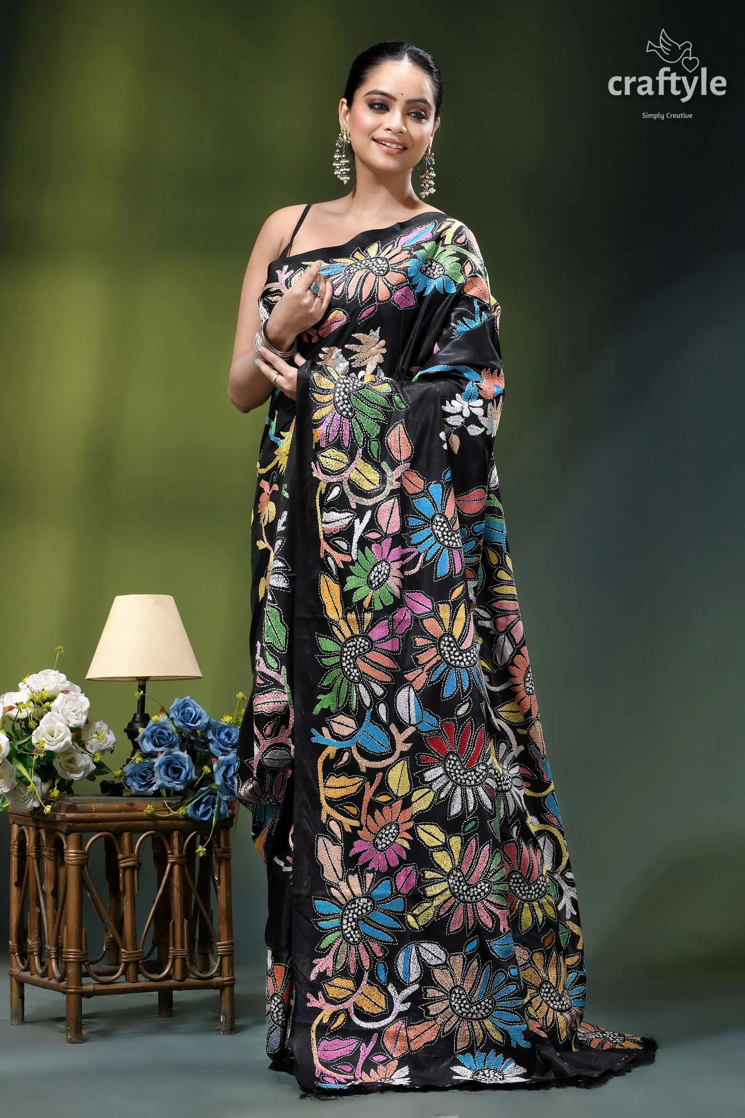Multicolor flower motif designer kantha stitched silk saree in black black saree adorned vibrant multicolored 4