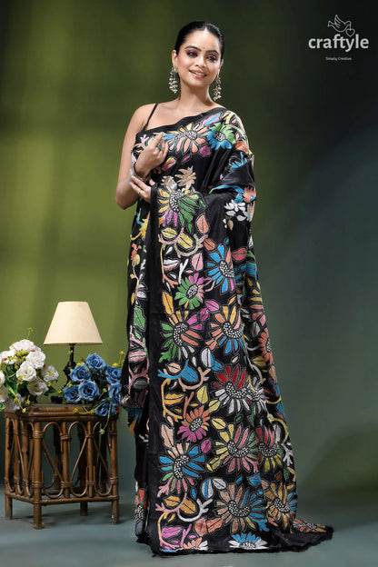 Multicolor flower motif designer kantha stitched silk saree in black black saree adorned vibrant multicolored 4