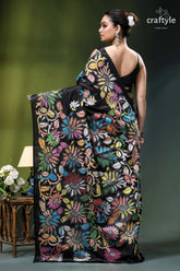 Multicolor flower motif designer kantha stitched silk saree in black black saree vibrant multicolored floral 5
