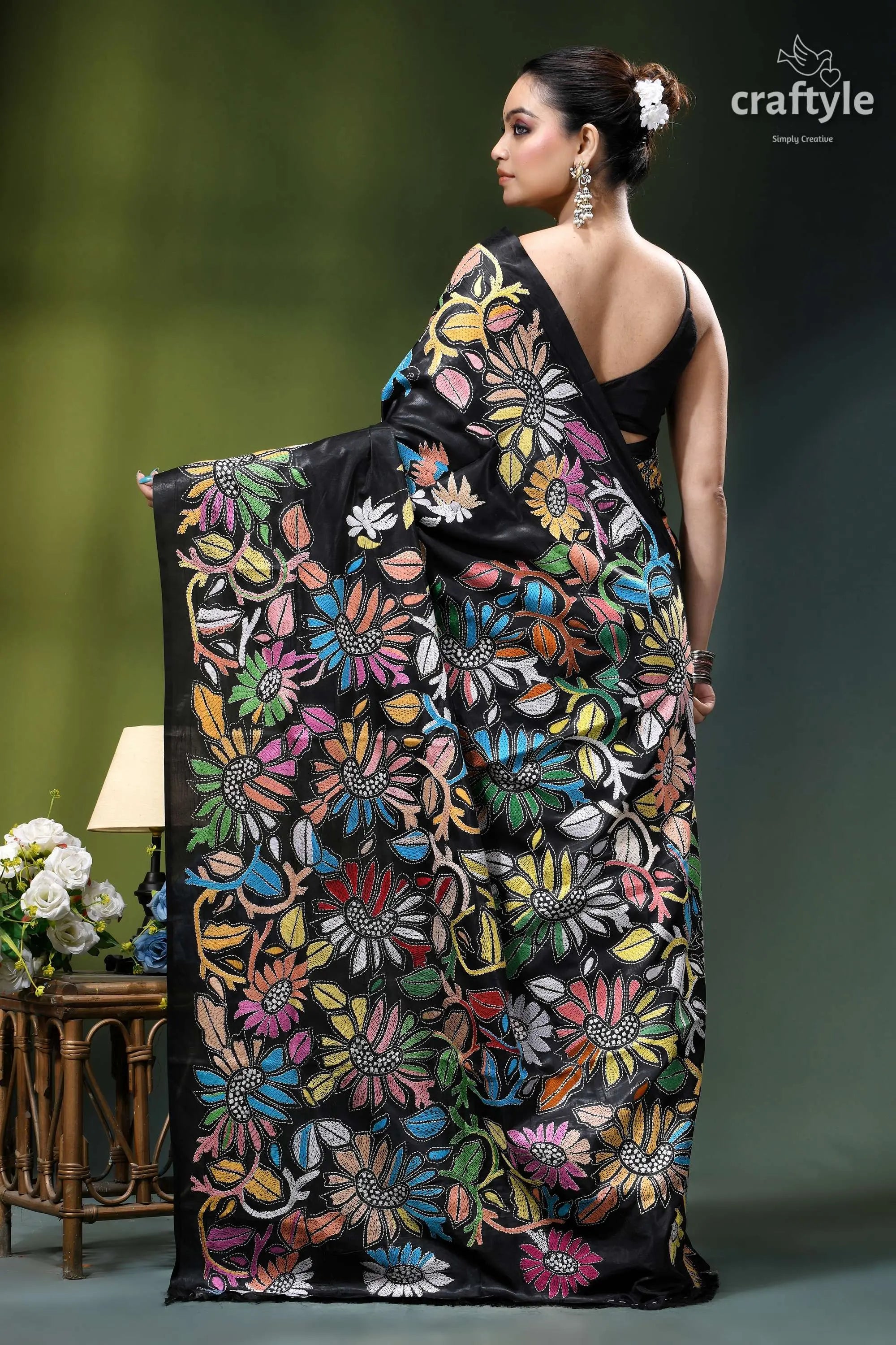 Multicolor flower motif designer kantha stitched silk saree in black black saree vibrant multicolored floral 5