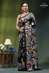 Multicolor flower motif designer kantha stitched silk saree in black black silk saree adorned vibrant 6