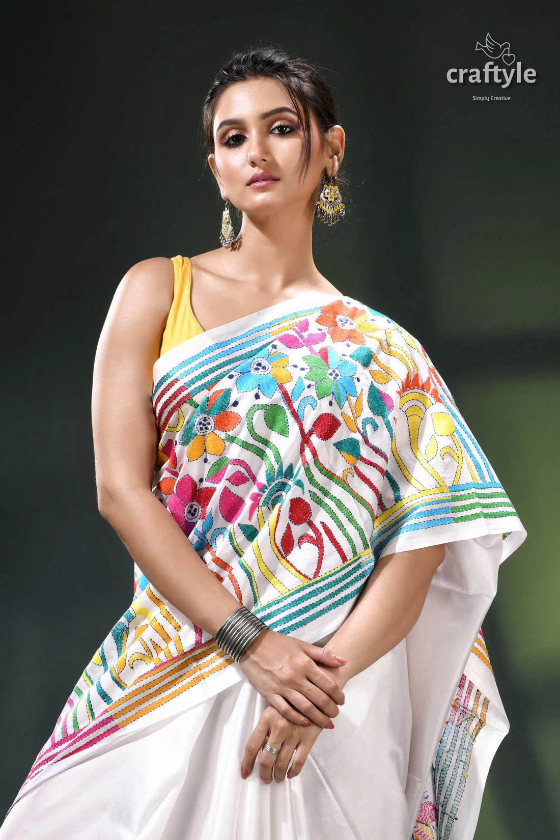Multicolor flower motif white exclusive silk kantha stitch saree white saree colorful floral design 2