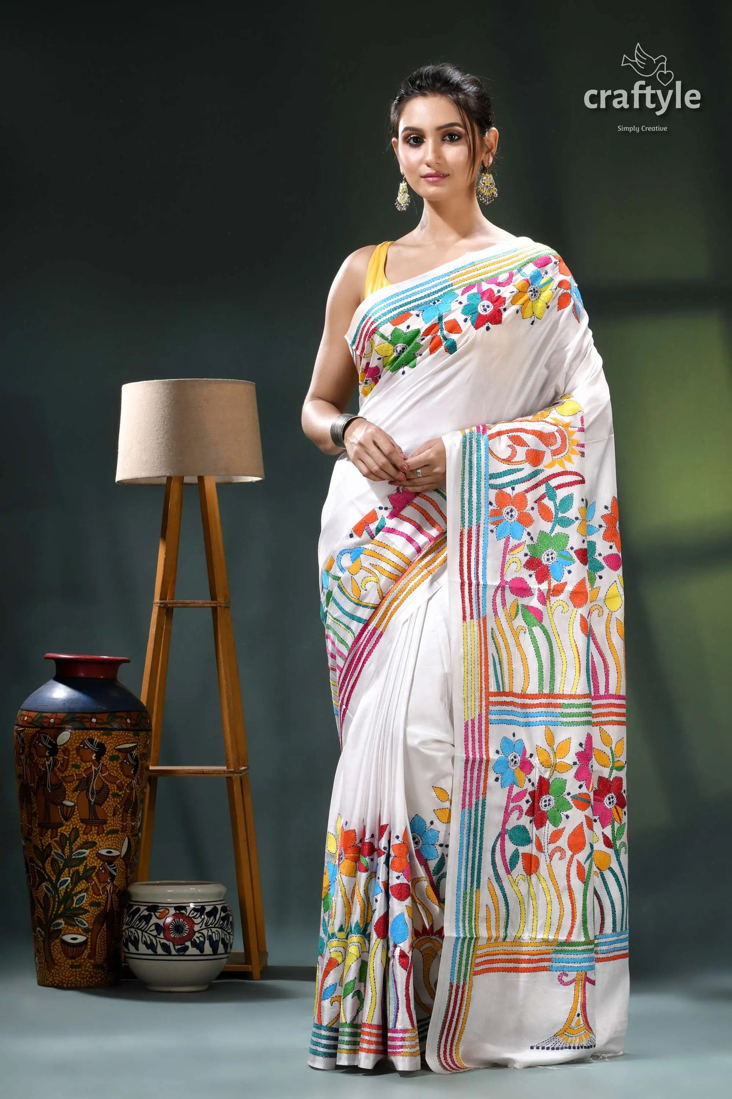 Multicolor flower motif white exclusive silk kantha stitch saree white saree colorful floral geometric 1