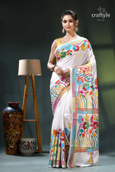 Multicolor flower motif white exclusive silk kantha stitch saree white saree colorful floral geometric 1