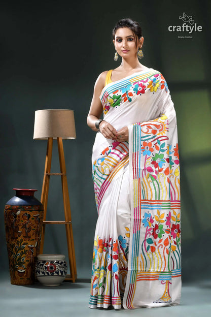 Multicolor flower motif white exclusive silk kantha stitch saree white saree colorful floral geometric 1