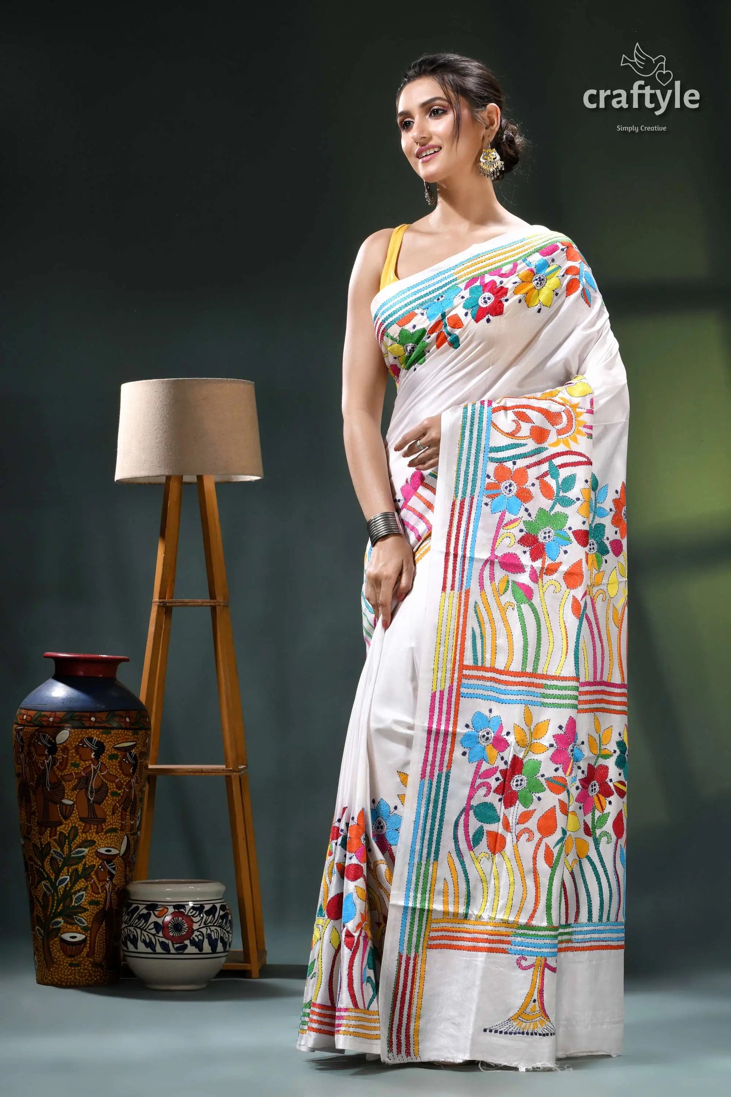 Multicolor flower motif white exclusive silk kantha stitch saree white saree colorful floral geometric 3