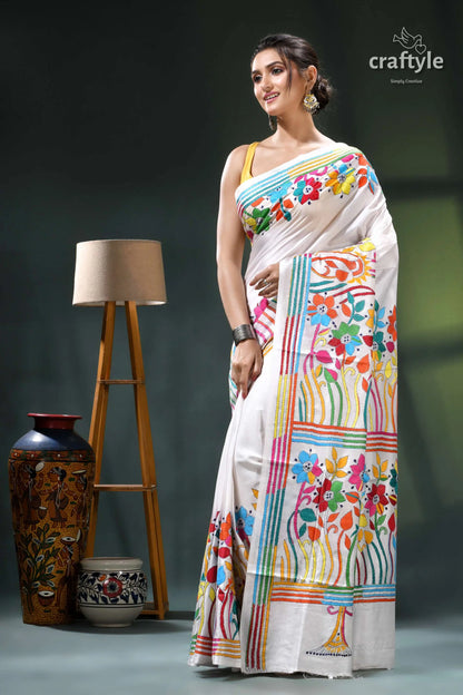 Multicolor flower motif white exclusive silk kantha stitch saree white saree colorful floral geometric 3
