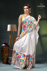 Multicolor flower motif white exclusive silk kantha stitch saree white floral saree gold accents 5