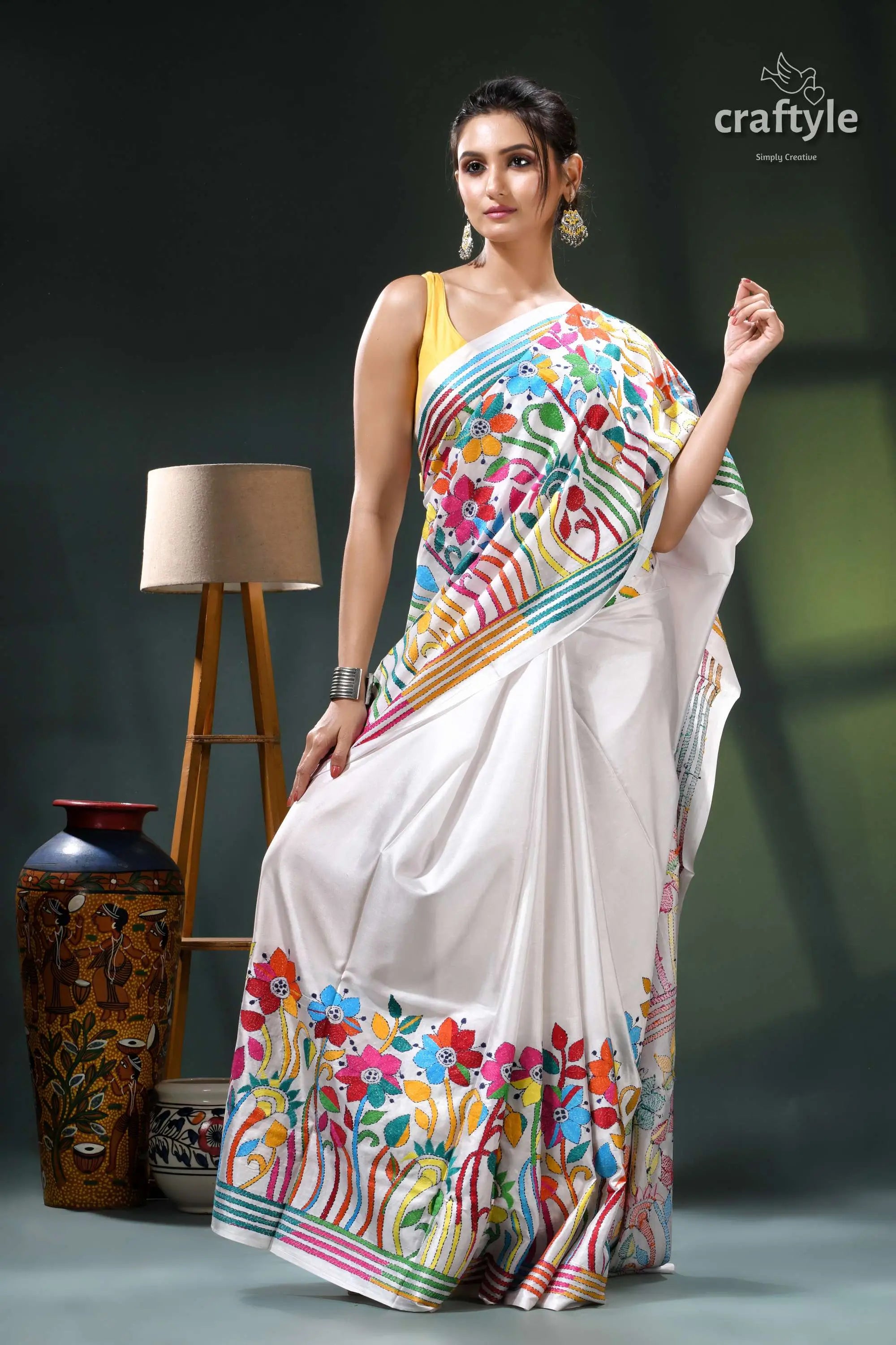 Multicolor flower motif white exclusive silk kantha stitch saree white floral saree gold accents 5