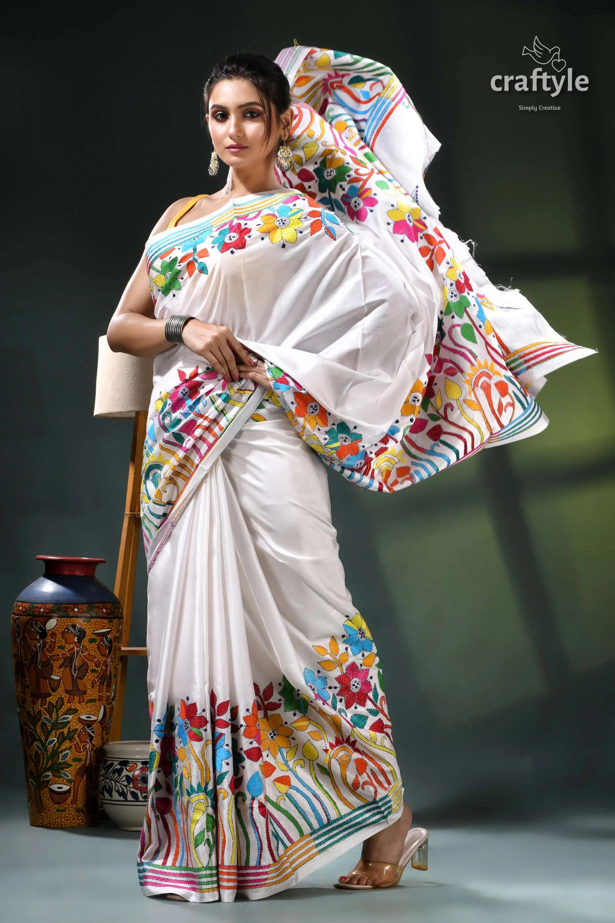 Multicolor flower motif white exclusive silk kantha stitch saree white floral saree vibrant stripes 4