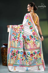 Multicolor flower motif white exclusive silk kantha stitch saree white floral saree vibrant multicolored 6