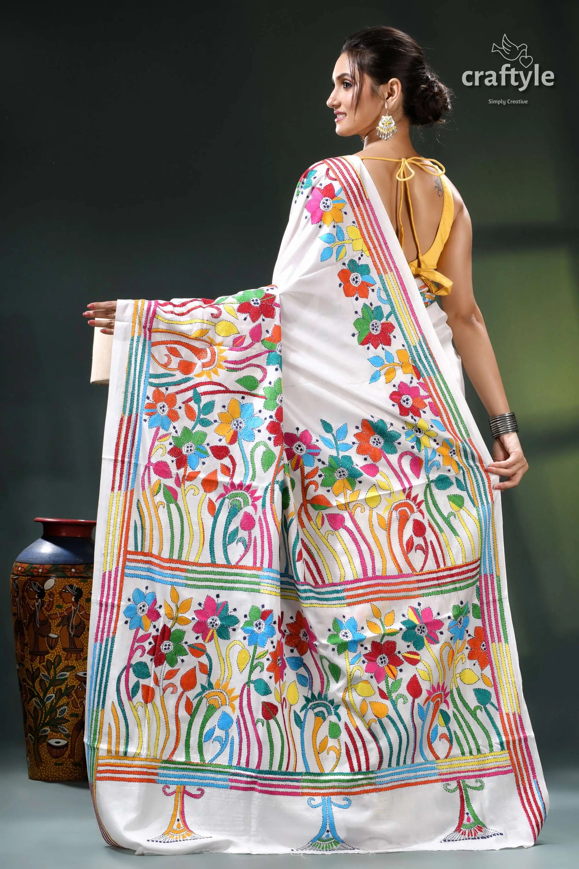 Multicolor flower motif white exclusive silk kantha stitch saree white floral saree vibrant multicolored 6