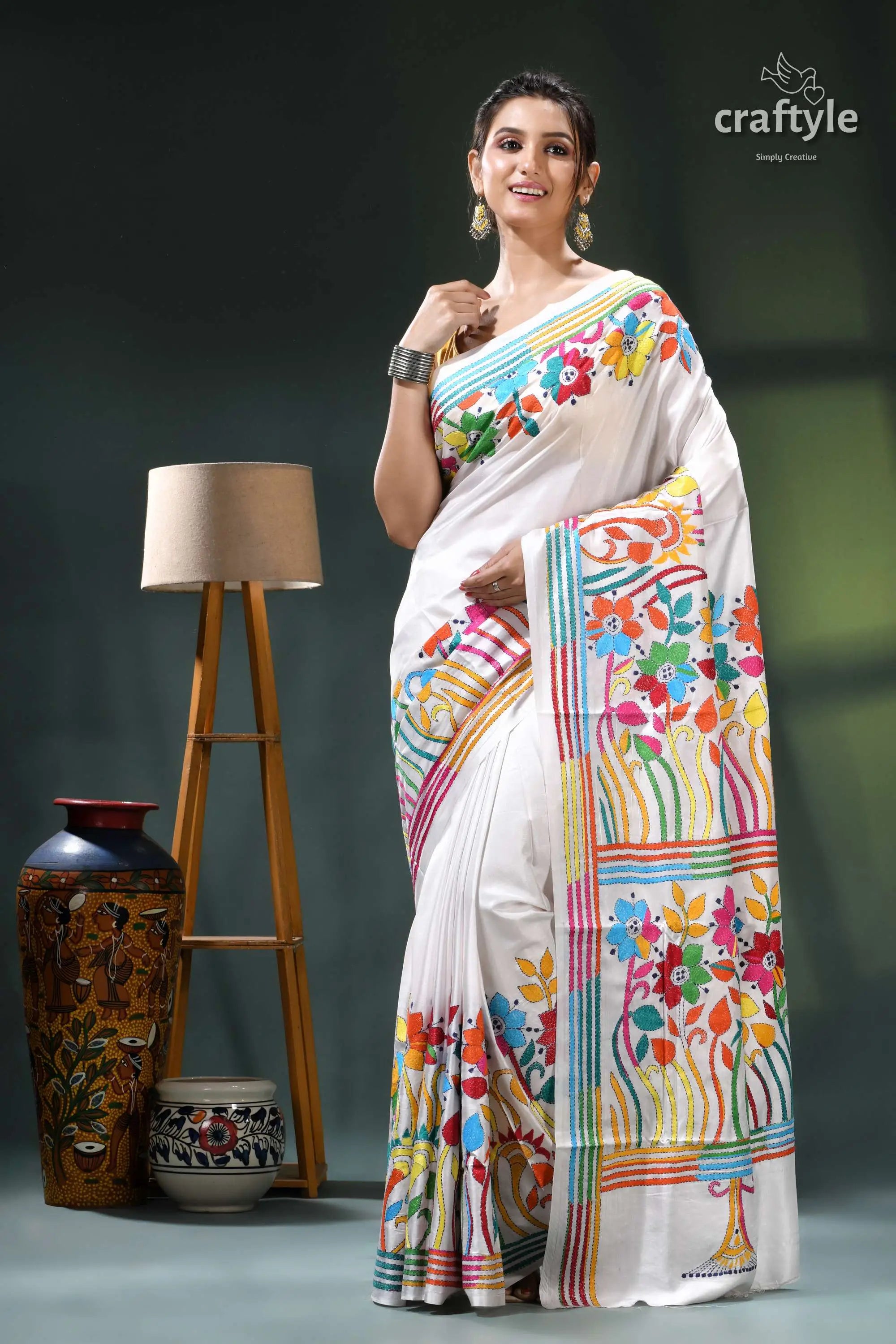 Multicolor flower motif white exclusive silk kantha stitch saree white saree colorful floral geometric 7