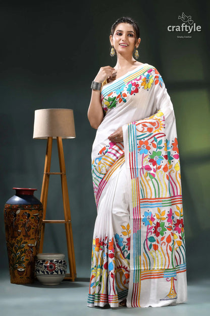 Multicolor flower motif white exclusive silk kantha stitch saree white saree colorful floral geometric 7