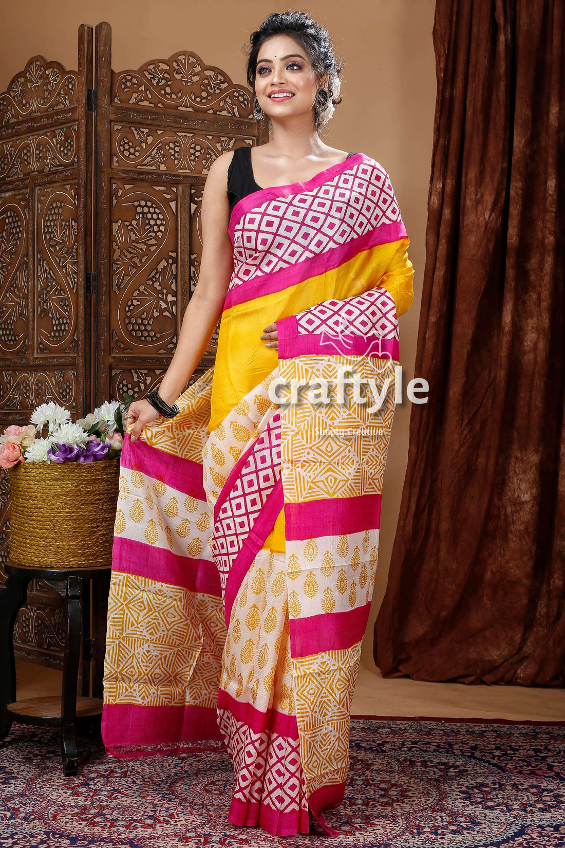 Multicolor Geometric Design Hand Block Design Pure Mulberry Silk Saree - Craftyle