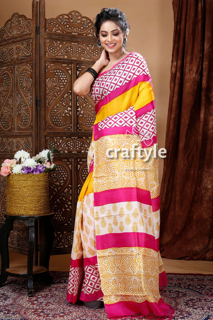 Multicolor Geometric Design Hand Block Design Pure Mulberry Silk Saree - Craftyle