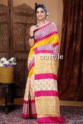 Multicolor Geometric Design Hand Block Design Pure Mulberry Silk Saree - Craftyle