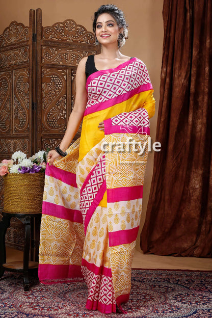 Multicolor geometric design hand block pure mulberry silk saree woman yellow pink saree 2