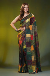 Multicolor geometric design handcrafted kantha silk saree in black 1
