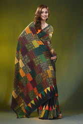 Multicolor geometric design handcrafted kantha silk saree in black 4