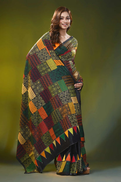 Multicolor geometric design handcrafted kantha silk saree in black 4