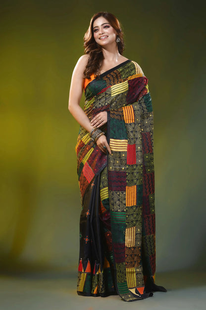 Multicolor geometric design handcrafted kantha silk saree in black 6