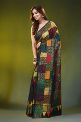 Multicolor geometric design handcrafted kantha silk saree in black 3