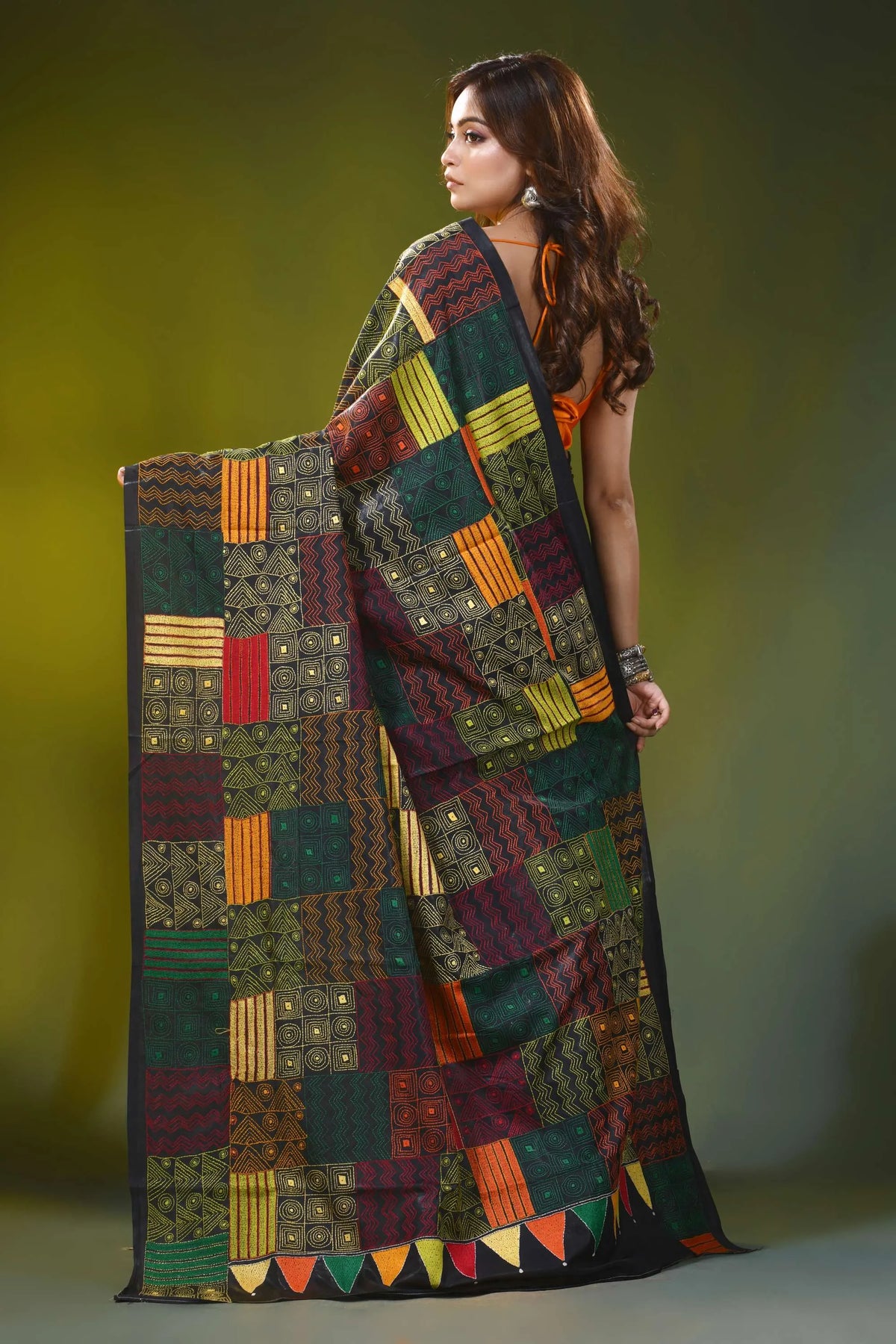 Multicolor geometric design handcrafted kantha silk saree in black 5