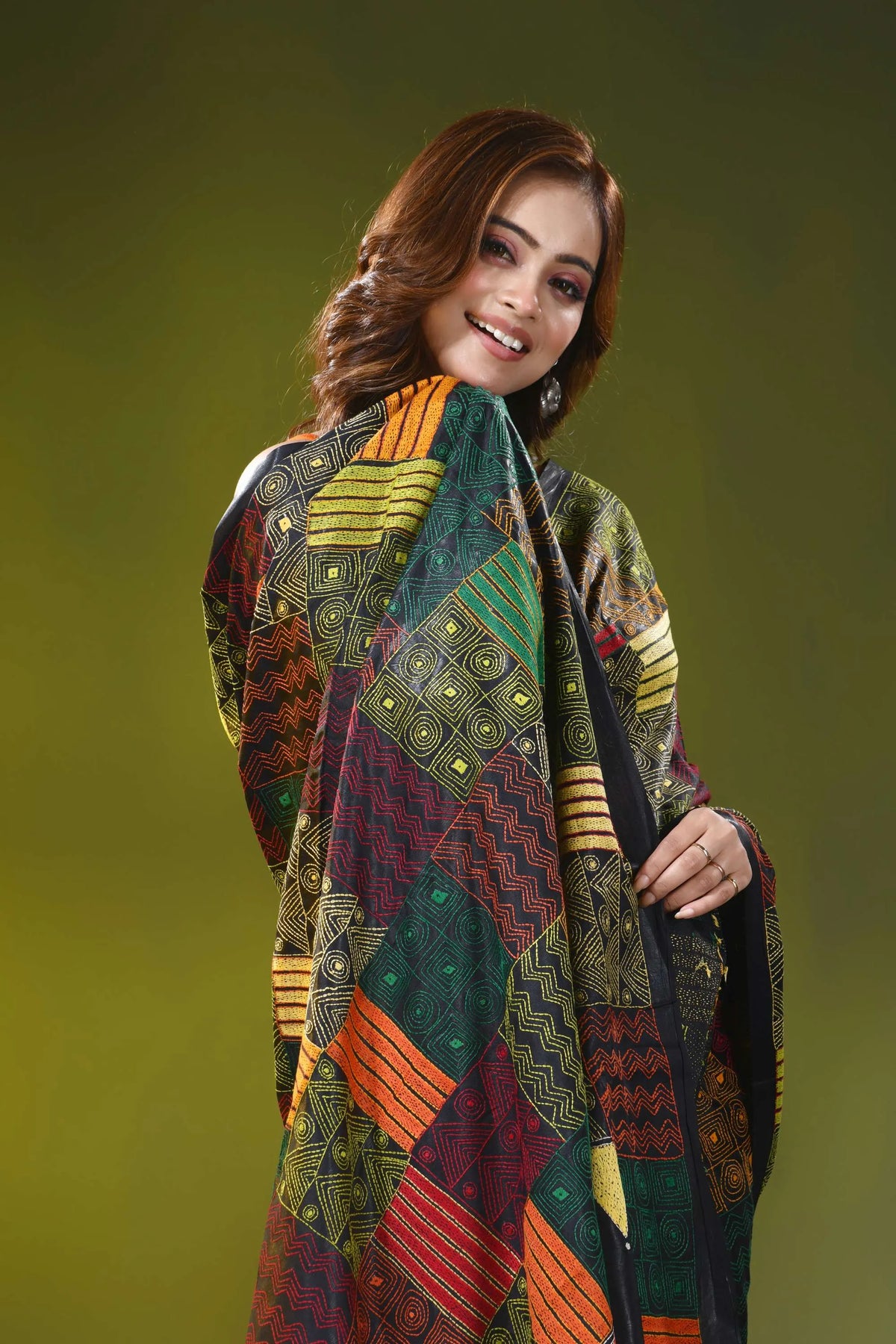 Multicolor geometric design handcrafted kantha silk saree in black 2