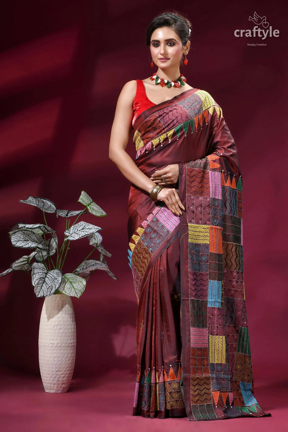 Multicolor geometric design silk kantha stitch saree - copper rust maroon silk saree vibrant patchwork 1