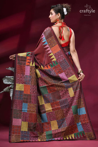 Multicolor geometric design silk kantha stitch saree - copper rust maroon patchwork saree colorful geometric 4