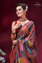 Multicolor geometric design silk kantha stitch saree - copper rust vibrant patchwork-patterned saree rich maroon 2