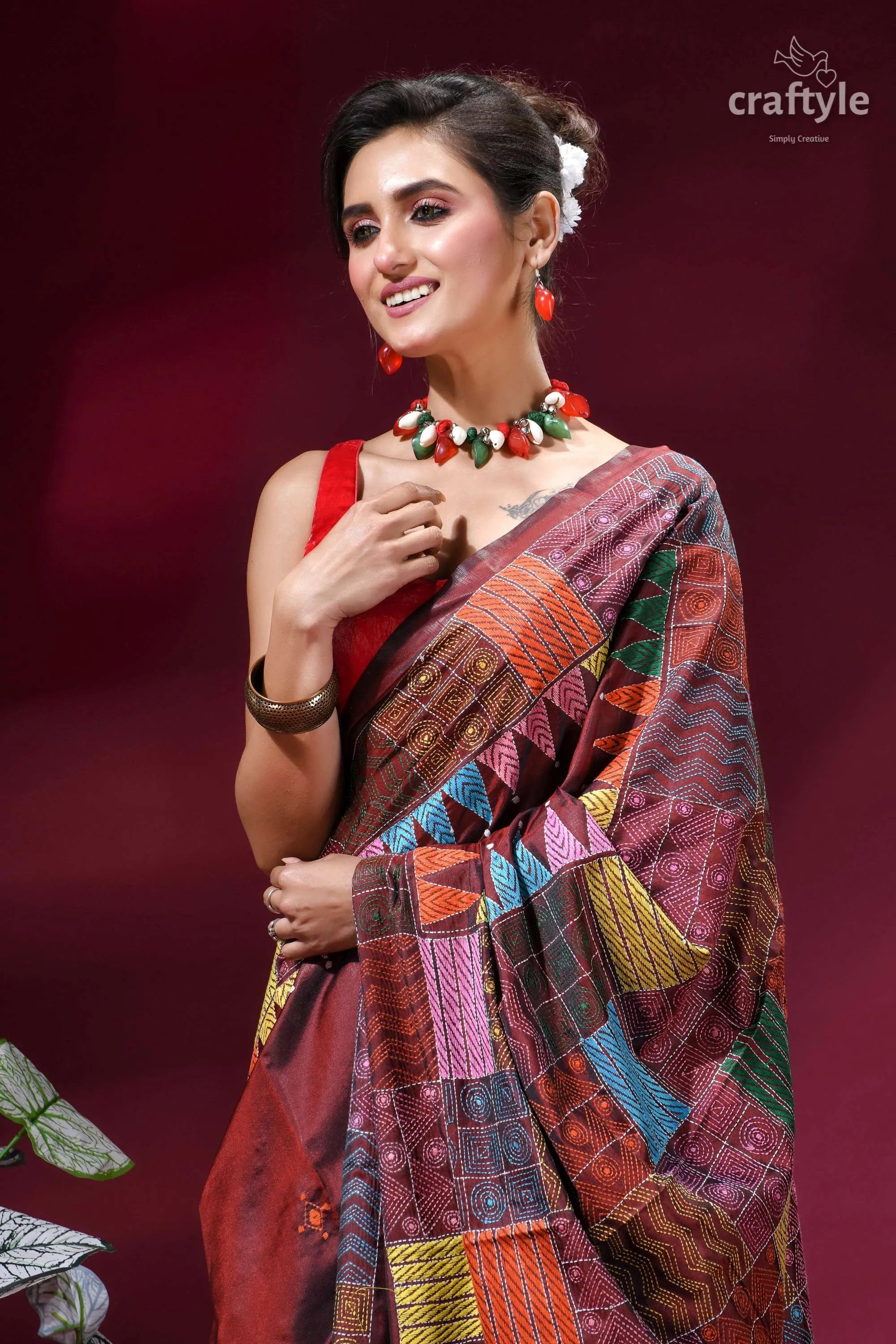 Multicolor geometric design silk kantha stitch saree - copper rust vibrant patchwork-patterned saree rich maroon 2