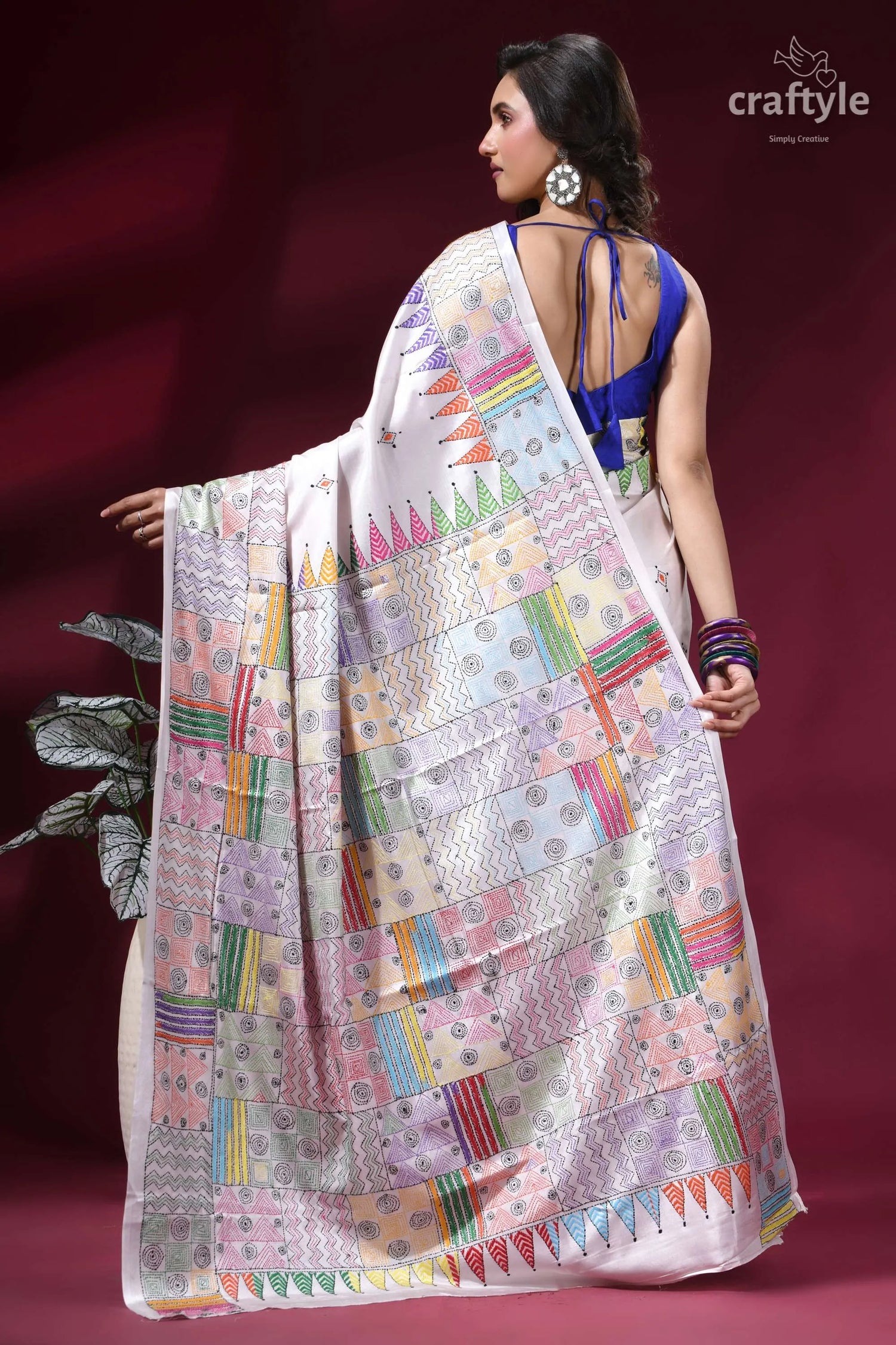 Multicolor geometric pattern silk kantha stitch saree in white vibrant hand-painted silk saree patchwork 4