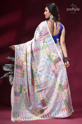 Multicolor geometric pattern silk kantha stitch saree in white vibrant hand-painted silk saree patchwork 4